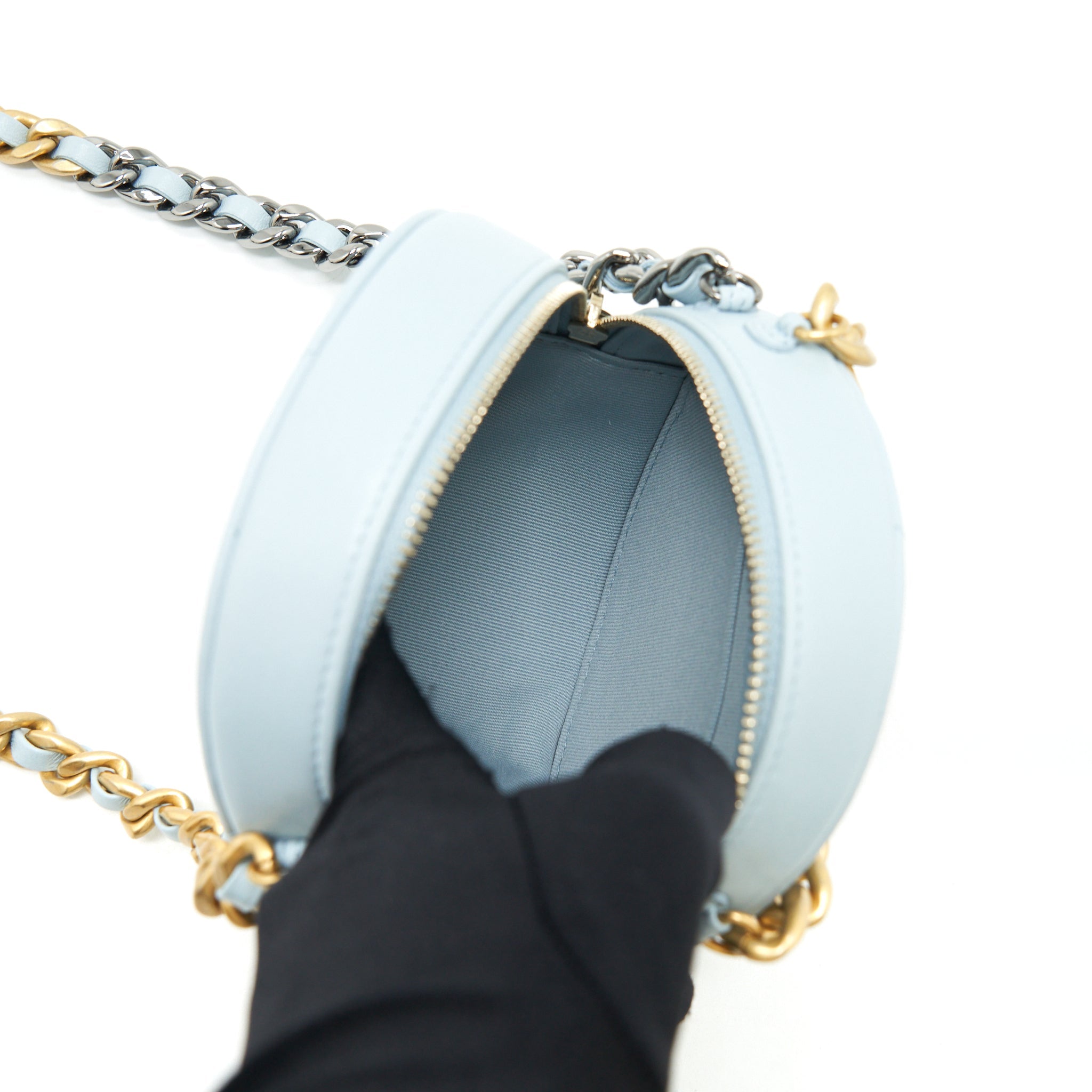 CHANEL 19 ROUND CLUTCH WITH CHAIN LAMBSKIN LIGHT BLUE