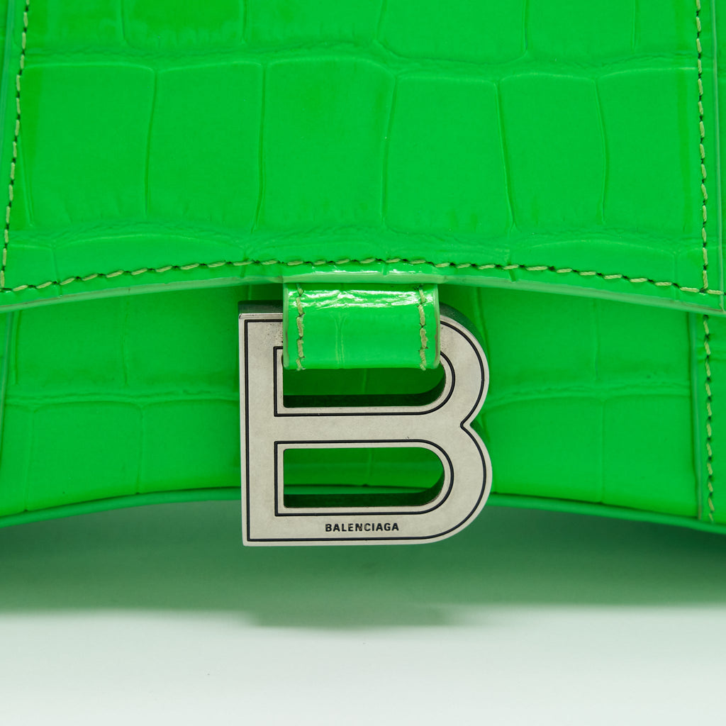 BALENCIAGA HOURGLASS XS CROC EMBOSSED CALFSKIN GREEN SHW