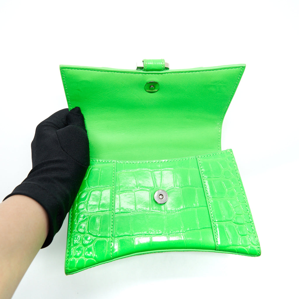 BALENCIAGA HOURGLASS XS CROC EMBOSSED CALFSKIN GREEN SHW