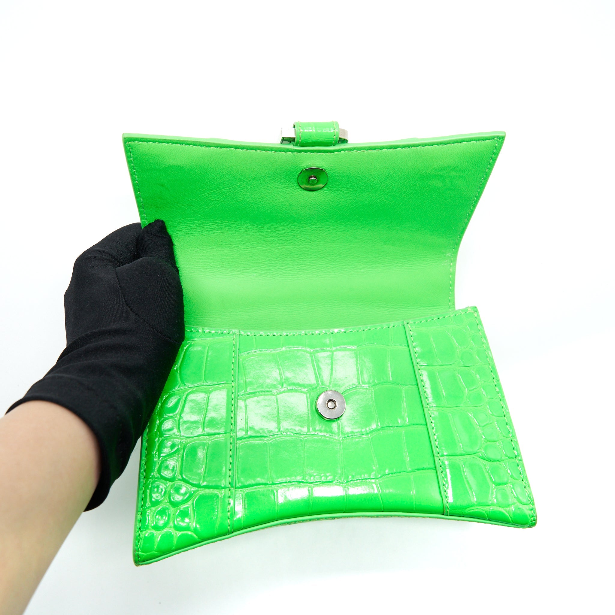 BALENCIAGA HOURGLASS XS CROC EMBOSSED CALFSKIN GREEN SHW