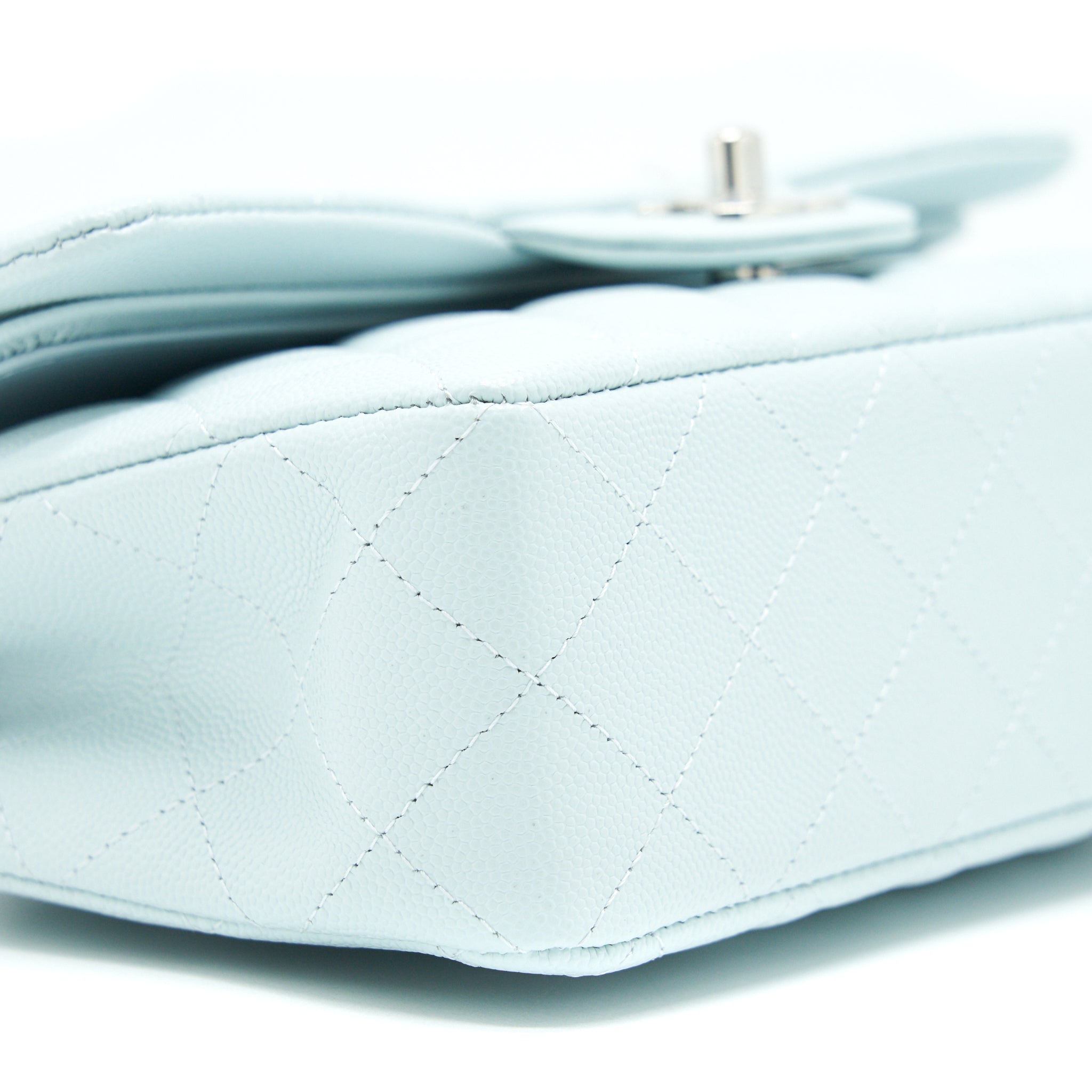CHANEL 21K SMALL CLASSIC DOUBLE FLAP BAG CAVIAR LIGHT BLUE SHW (MICROCHIP)