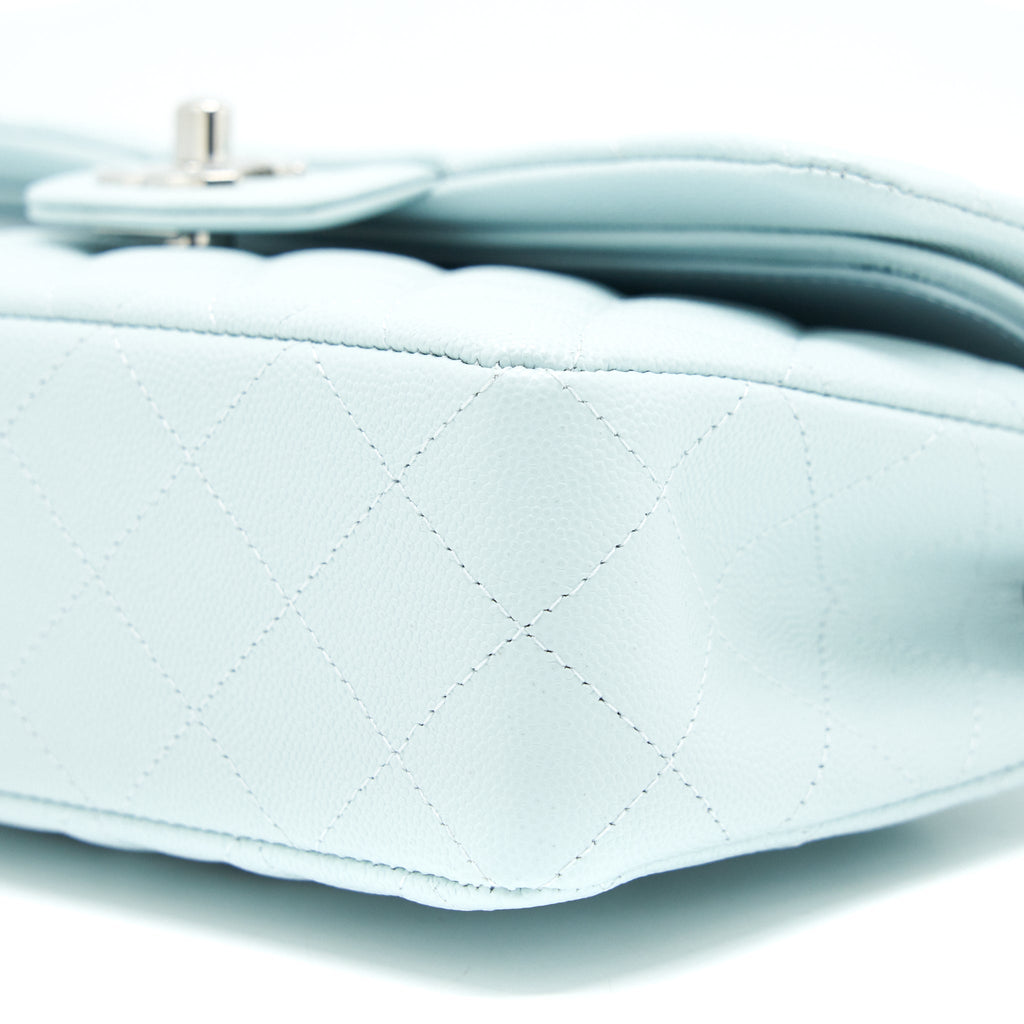 CHANEL 21K SMALL CLASSIC DOUBLE FLAP BAG CAVIAR LIGHT BLUE SHW (MICROCHIP)