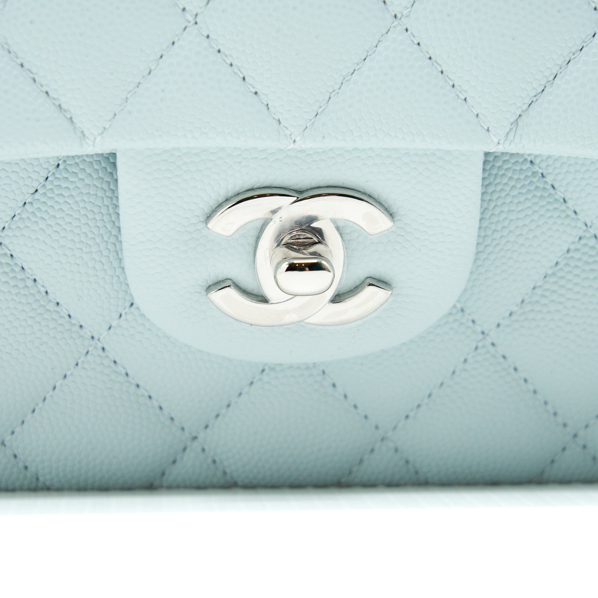 CHANEL 21K SMALL CLASSIC DOUBLE FLAP BAG CAVIAR LIGHT BLUE SHW (MICROCHIP)