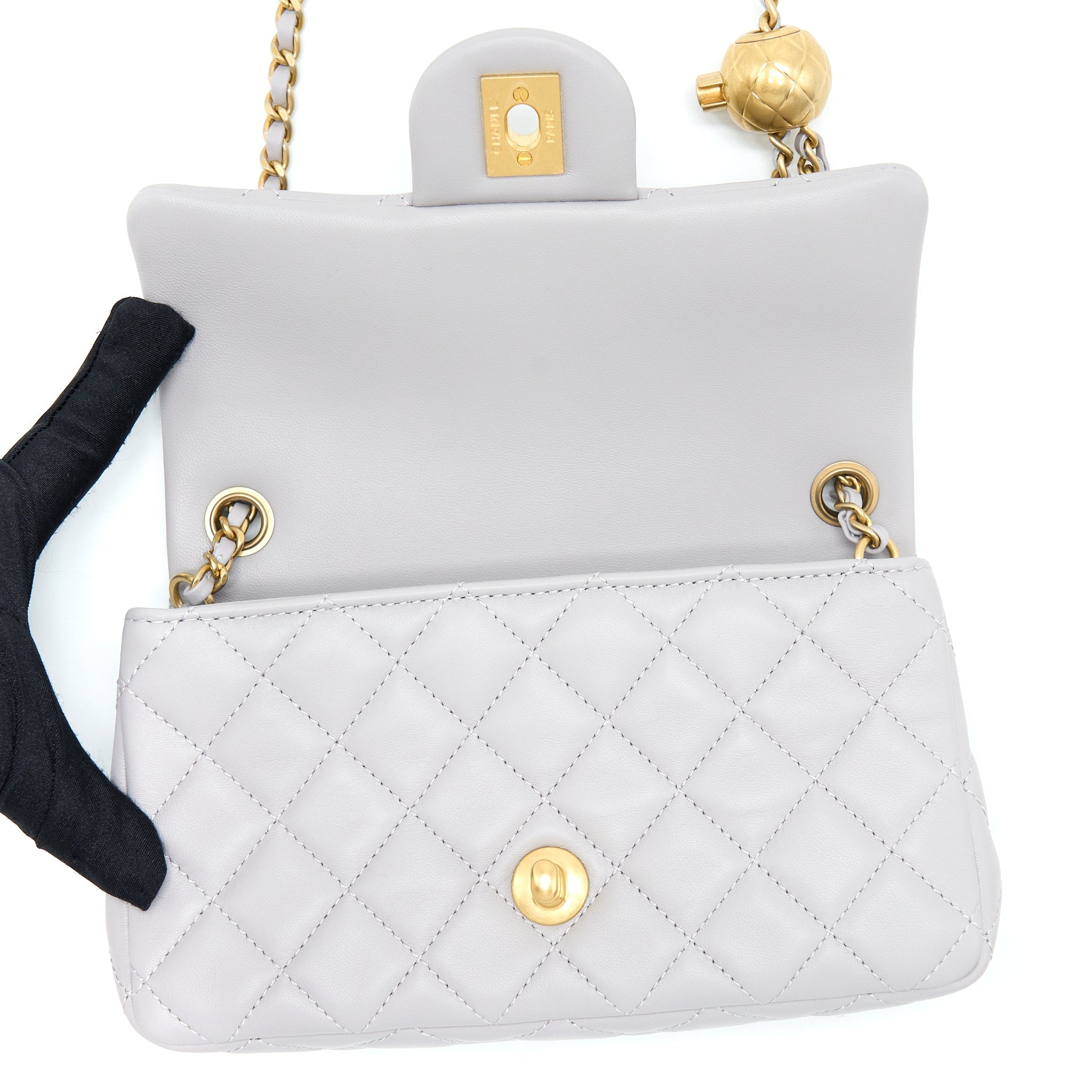 CHANEL PEARL CRUSH MINI RECTANGULAR LAMBSKIN GREY BRUSHED GHW (MICROCHIP)