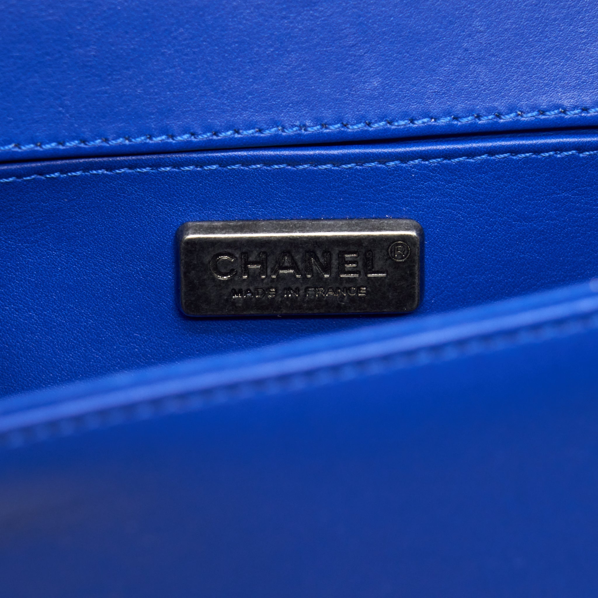 CHANEL SMALL BOY CRYSTAL GALUCHAT BLUE RUTHENIUM HARDWARE
