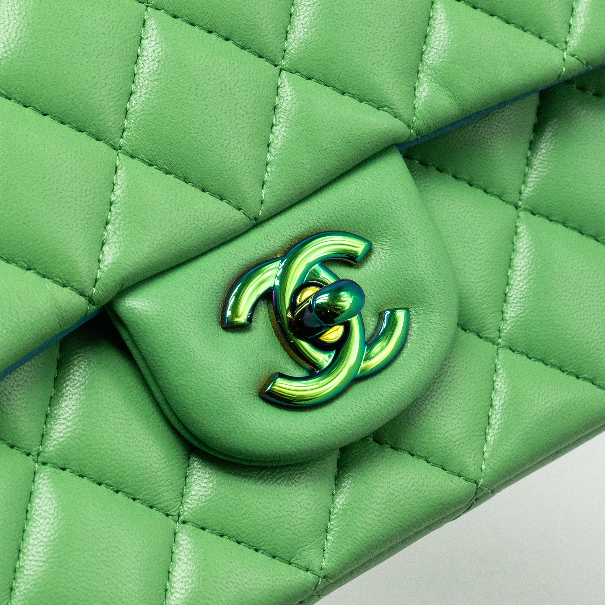 CHANEL MINI RECTANGULAR FLAP BAG LAMBSKIN GREEN IRIDESCENT HARDWARE