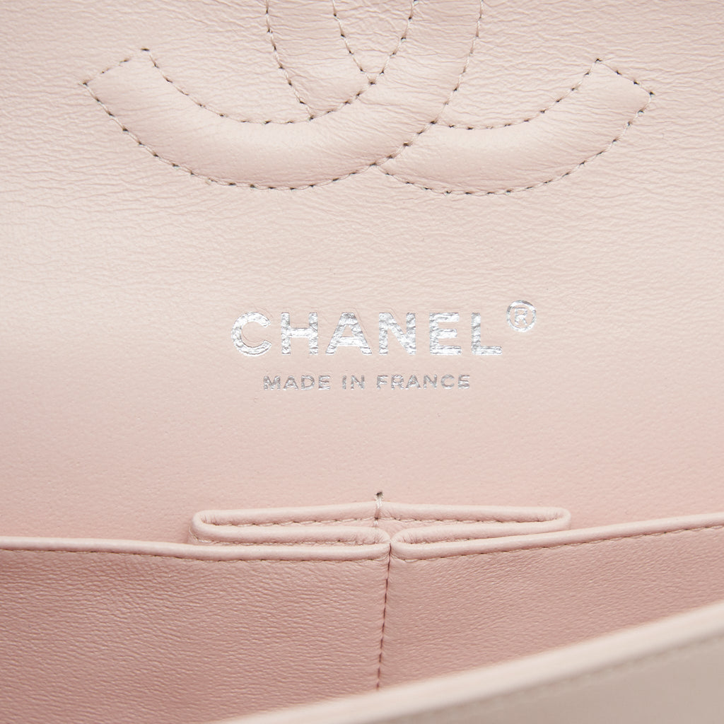CHANEL PATENT LEATHER MEDIUM CLASSIC DOUBLE FLAP BAG BEIGE SHW