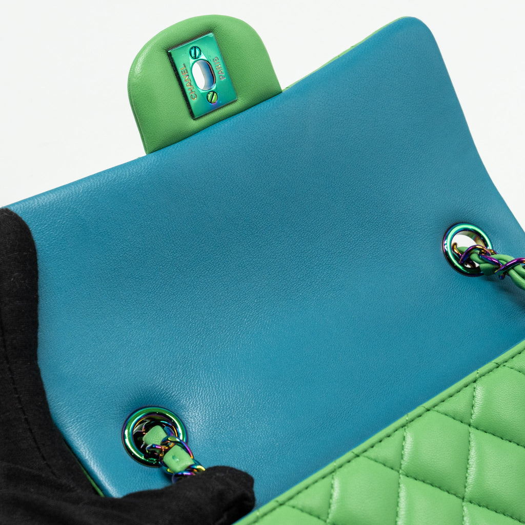 CHANEL MINI RECTANGULAR FLAP BAG LAMBSKIN GREEN IRIDESCENT HARDWARE