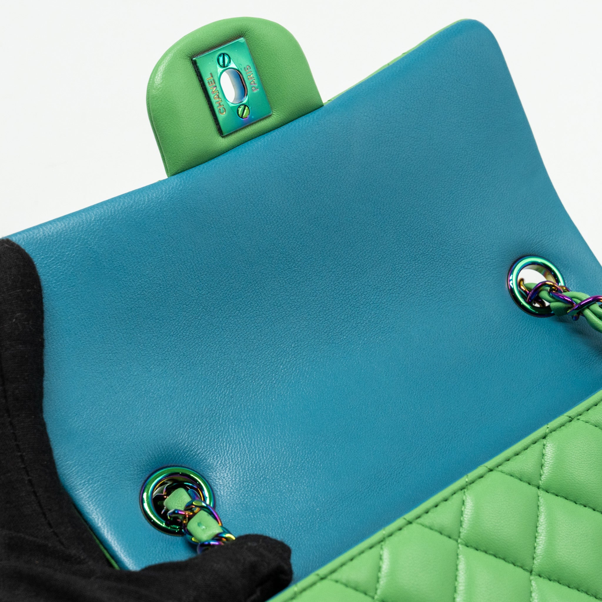 CHANEL MINI RECTANGULAR FLAP BAG LAMBSKIN GREEN IRIDESCENT HARDWARE