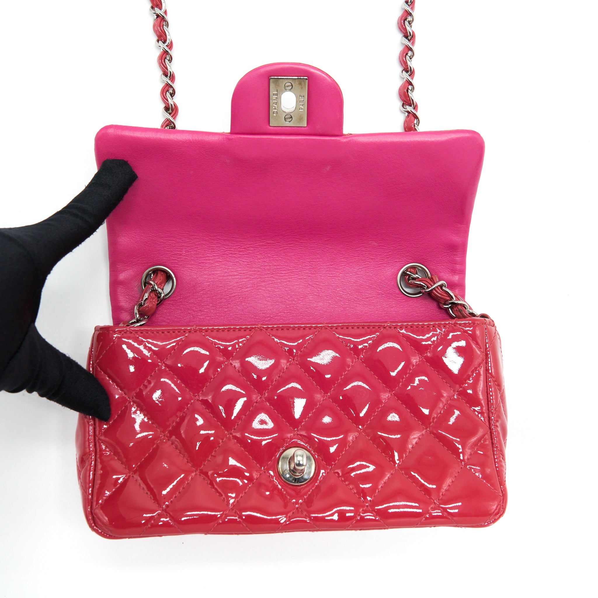CHANEL MINI RECTANGULAR FLAP BAG PATENT PINK SHW