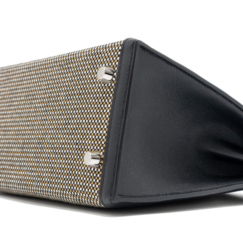 HERMES KELLY 25 SELLIER TOILE QUADRILLE /SWIFT BLACK-BLANC-DESERT / BLACK SHW