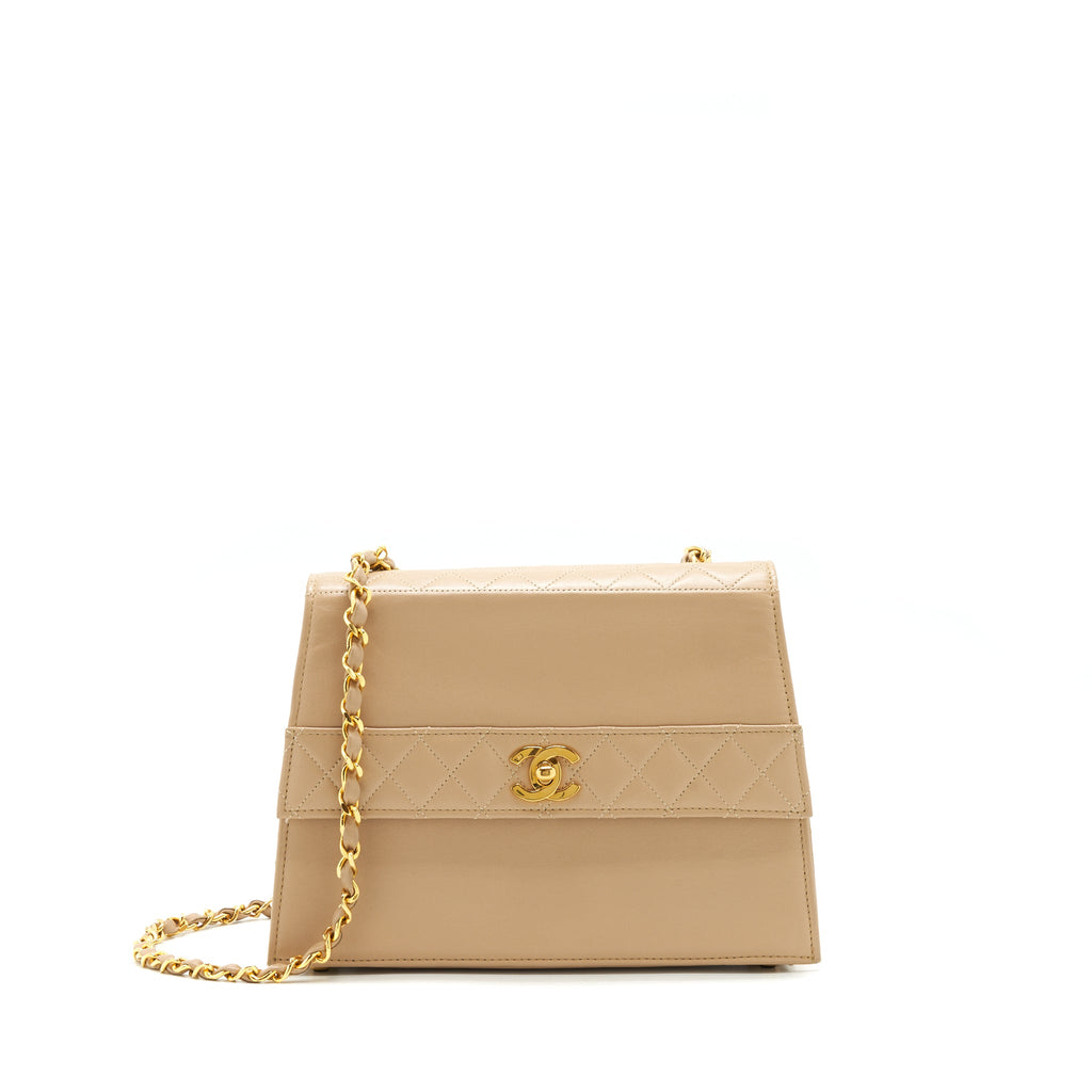 CHANEL VINTAGE SINGLE FLAP BAG CROSS BODY LAMBSKIN BEIGE GHW