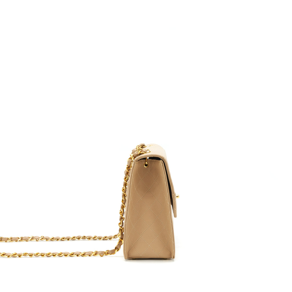 CHANEL VINTAGE SINGLE FLAP BAG CROSS BODY LAMBSKIN BEIGE GHW