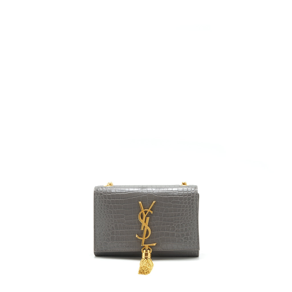 SAINT LAURENT/YSL KATE TASSEL CROC EMBOSSED CALFSKIN GREY GHW