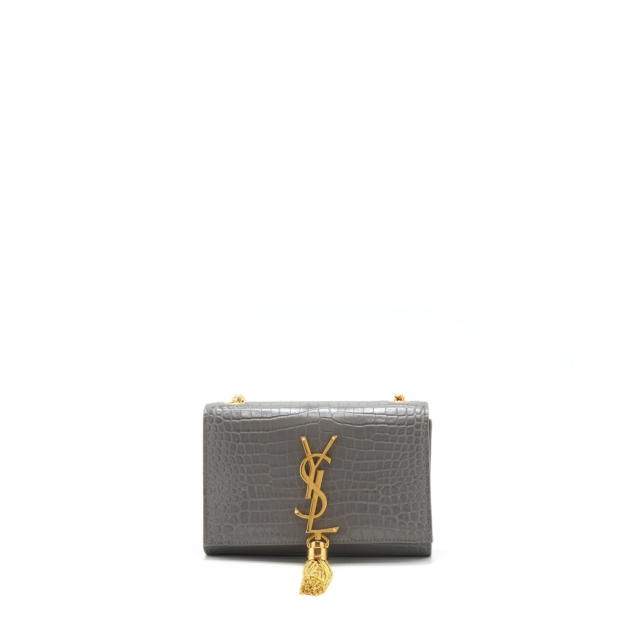 SAINT LAURENT/YSL KATE TASSEL CROC EMBOSSED CALFSKIN GREY GHW