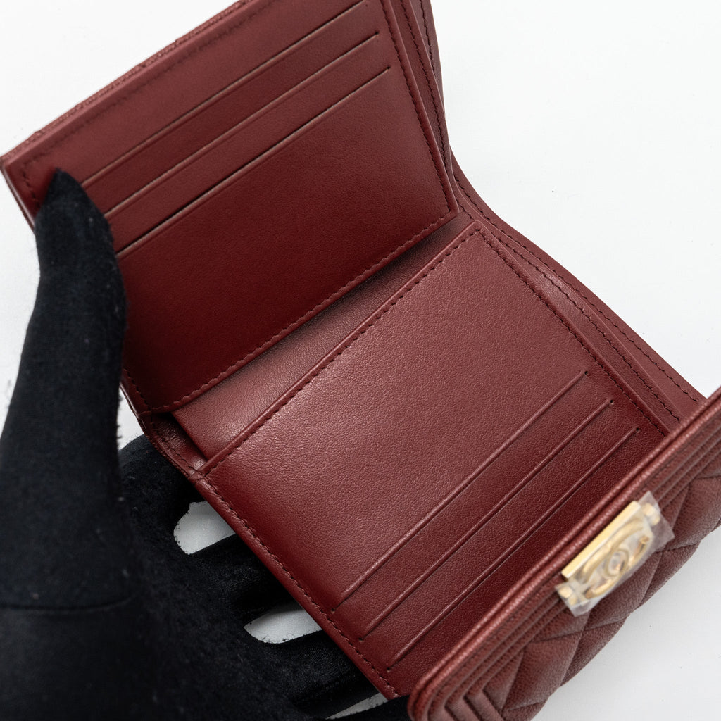 CHANEL BOY COMPACT WALLET CAVIAR DARK RED GHW