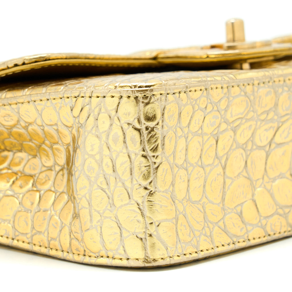 CHANEL MINI RECTANGULAR FLAP BAG CROC EMBOSSED CALFSKIN GOLD GHW
