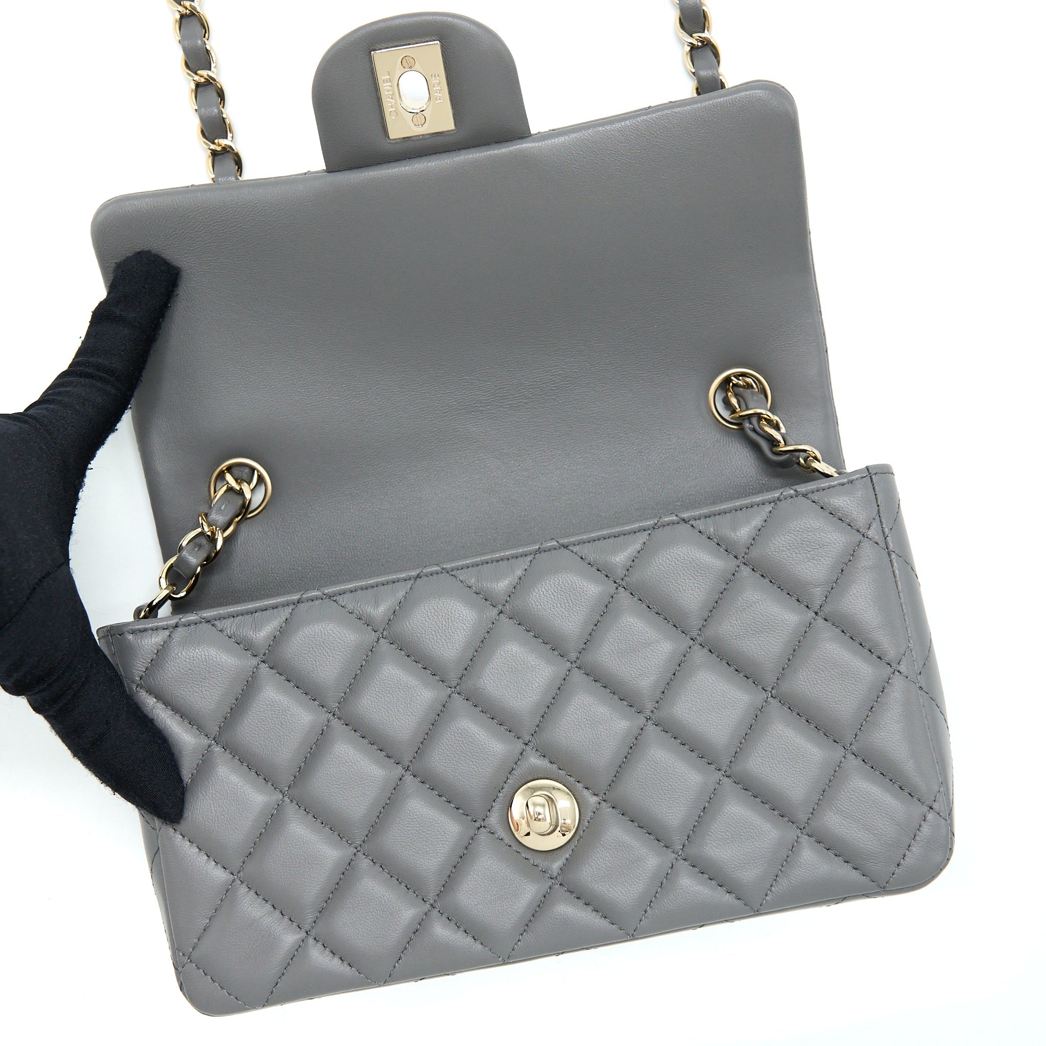 CHANEL 22A MINI RECTANGULAR FLAP BAG LAMBSKIN GREY LGHW (MICROCHIP)