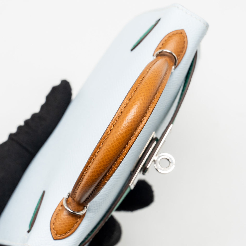 HERMES MINI KELLY EPSOM BLEU BRUME/VERT JADE/GOLD SHW