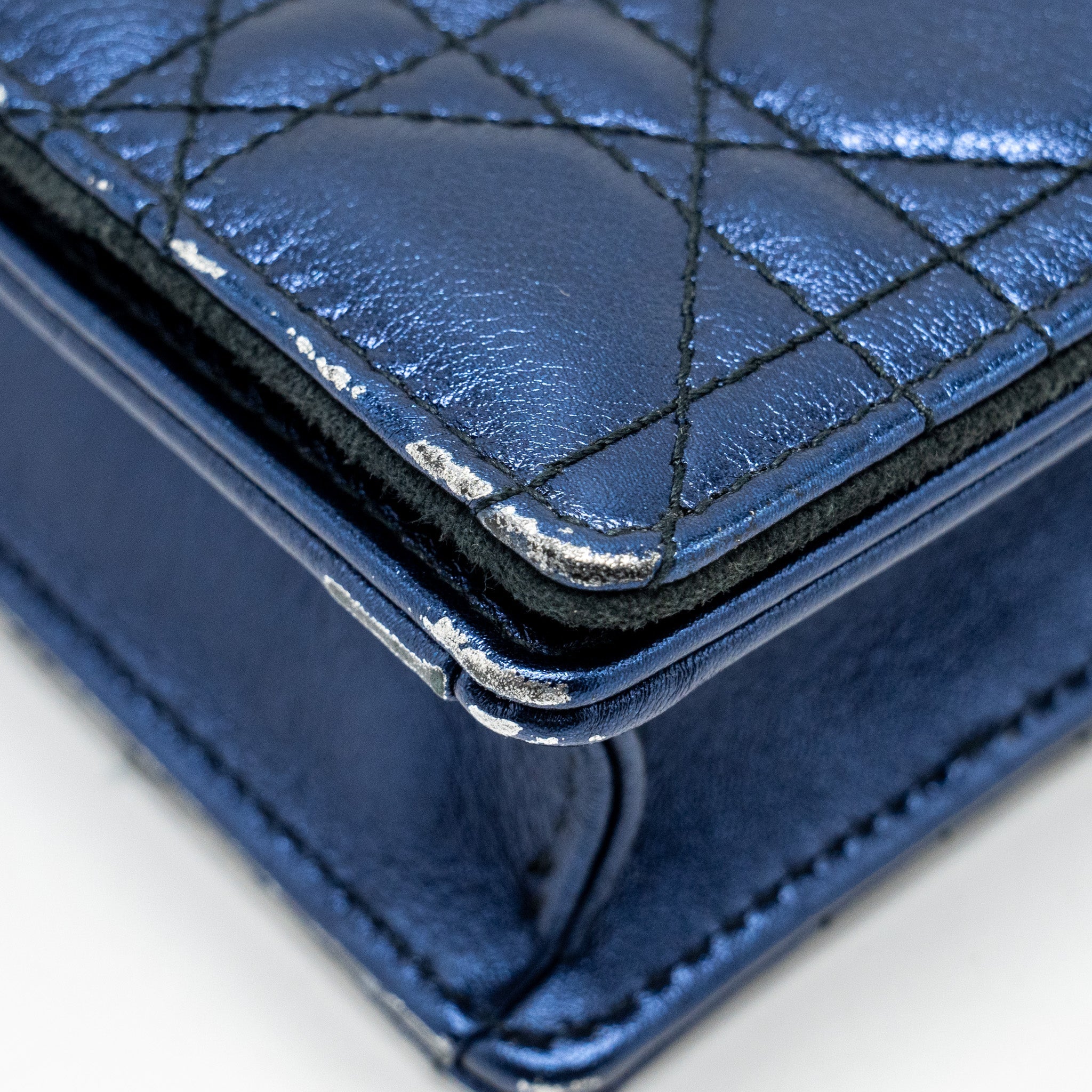 DIOR LADY DIOR POUCH CANNAGE WALLET ON CHAIN LAMBSKIN BLUE LGHW