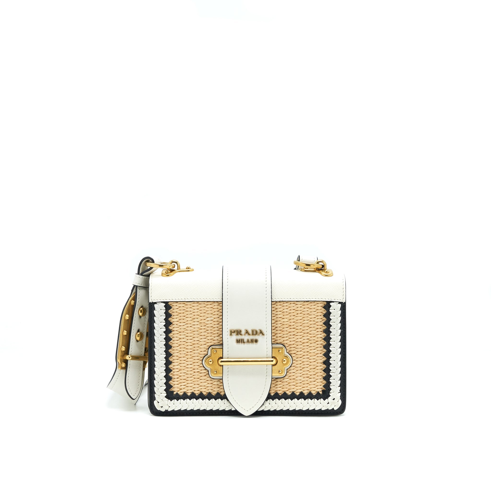 PRADA CITY CALF RAFFIA SAFFIANO CAHIER BAG WHITE