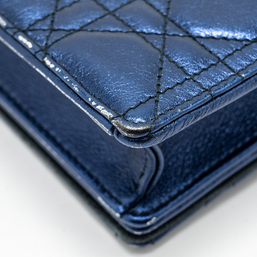 DIOR LADY DIOR POUCH CANNAGE WALLET ON CHAIN LAMBSKIN BLUE LGHW