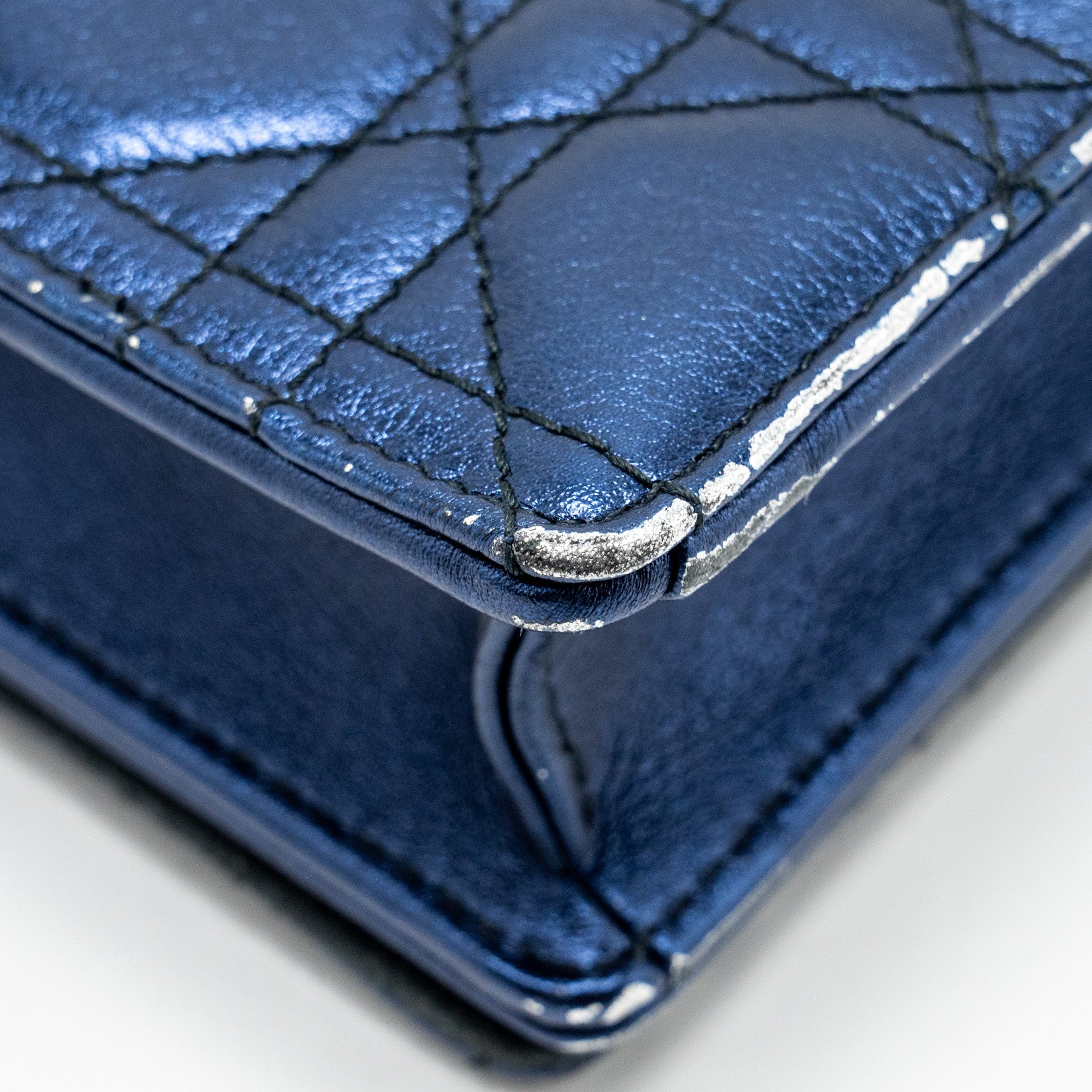 DIOR LADY DIOR POUCH CANNAGE WALLET ON CHAIN LAMBSKIN BLUE LGHW
