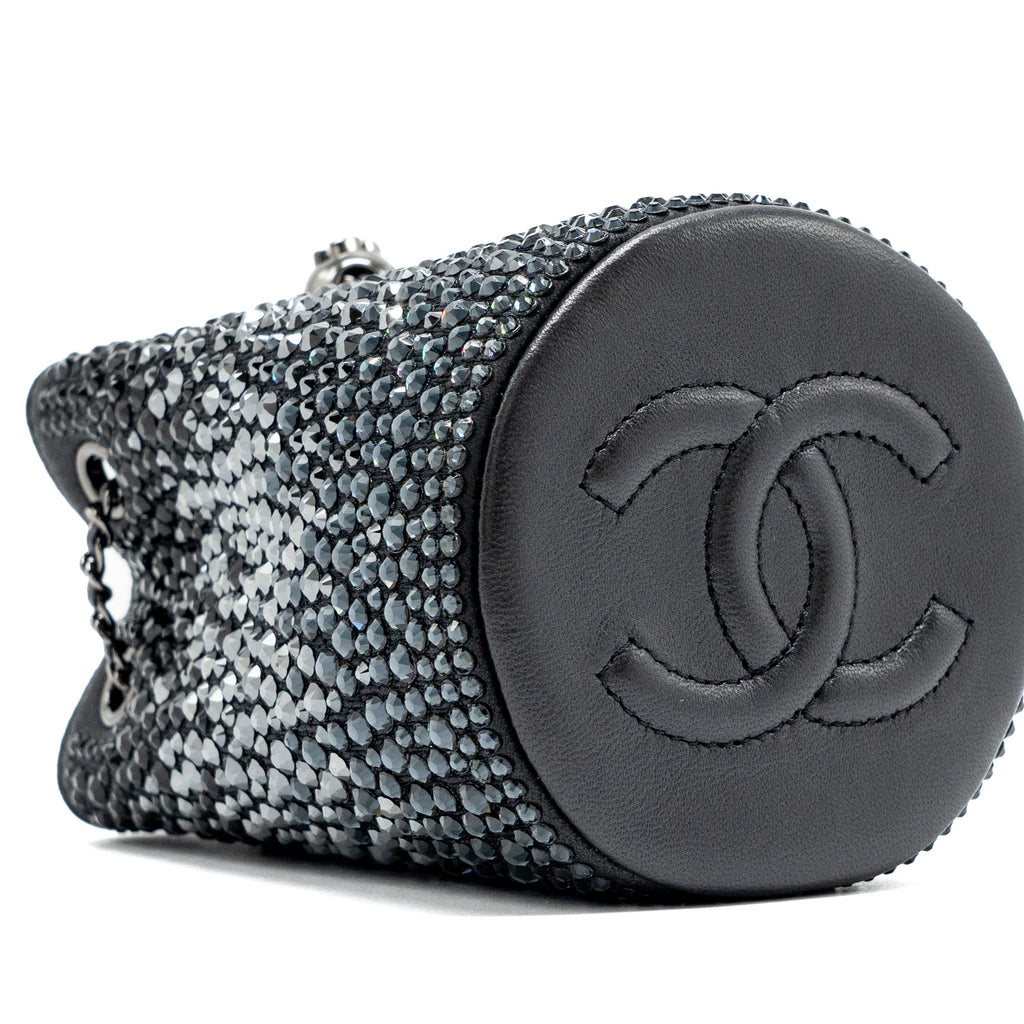 CHANEL SUPER MINI CRYSTAL STUDDED CLUTCH WITH CHAIN LAMBSKIN BLACK RUTHENIUM HARDWARE