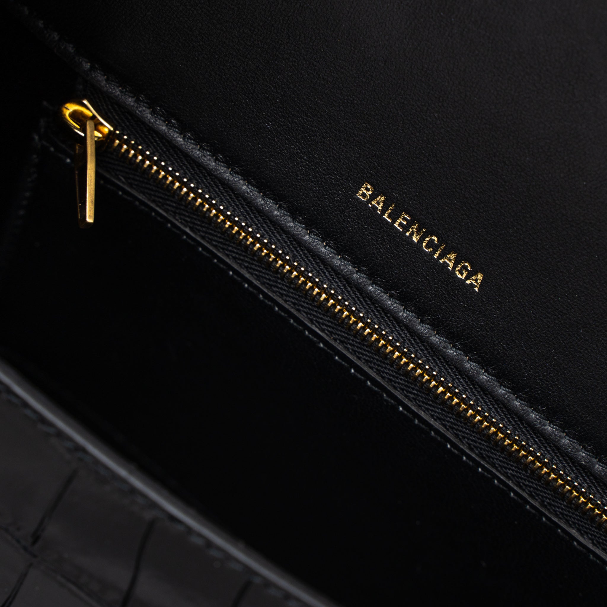 BALENCIAGA HOURGLASS SMALL HANDBAG CROC EMBOSSED CALFSKIN BLACK GHW