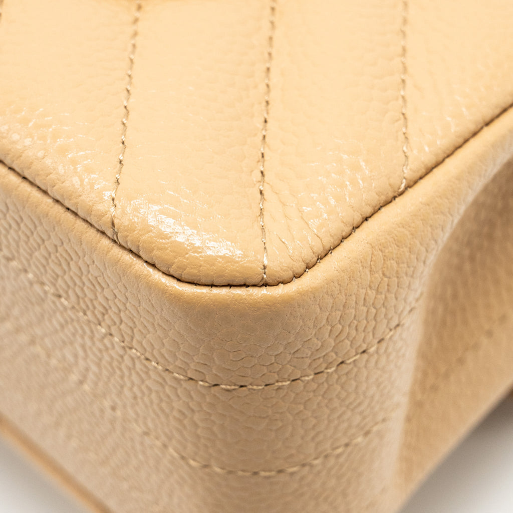 CHANEL SMALL CLASSIC DOUBLE FLAP BAG CHEVRON CAVIAR BEIGE SHW