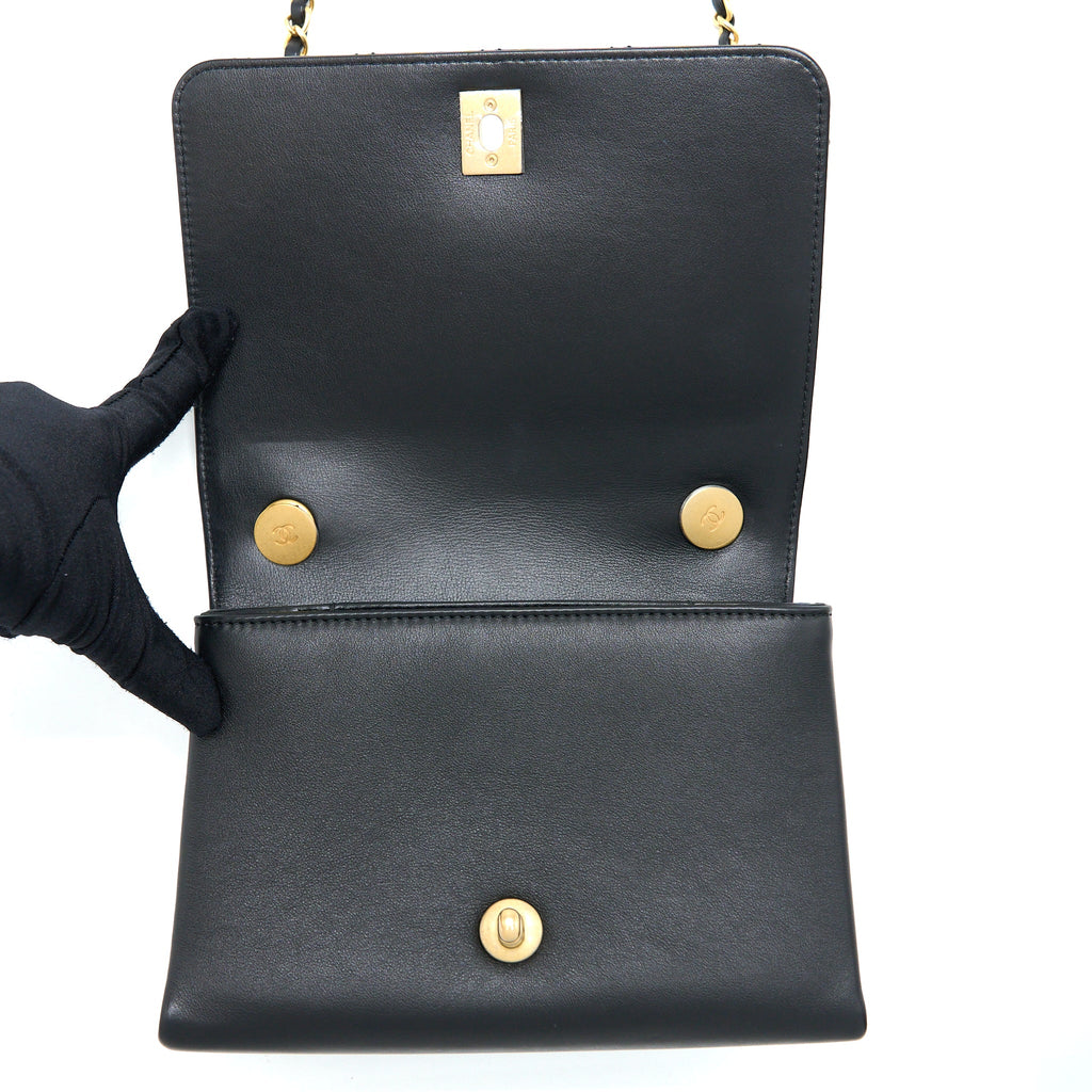 CHANEL SEASONAL FLAP BAG GIANT CHAIN HANDLE WITH PEARL CALFSKIN BLACK BRUSH GHW (MICROCHIP)