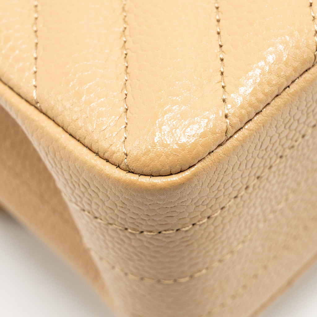 CHANEL SMALL CLASSIC DOUBLE FLAP BAG CHEVRON CAVIAR BEIGE SHW