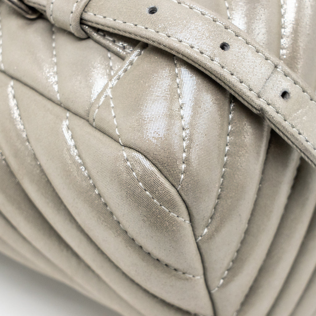 CHANEL SMALL URBAN SPIRIT BACKPACK CHEVRON CALFSKIN IRIDESCENT LIGHT GREY RUTHENIUM HARDWARE