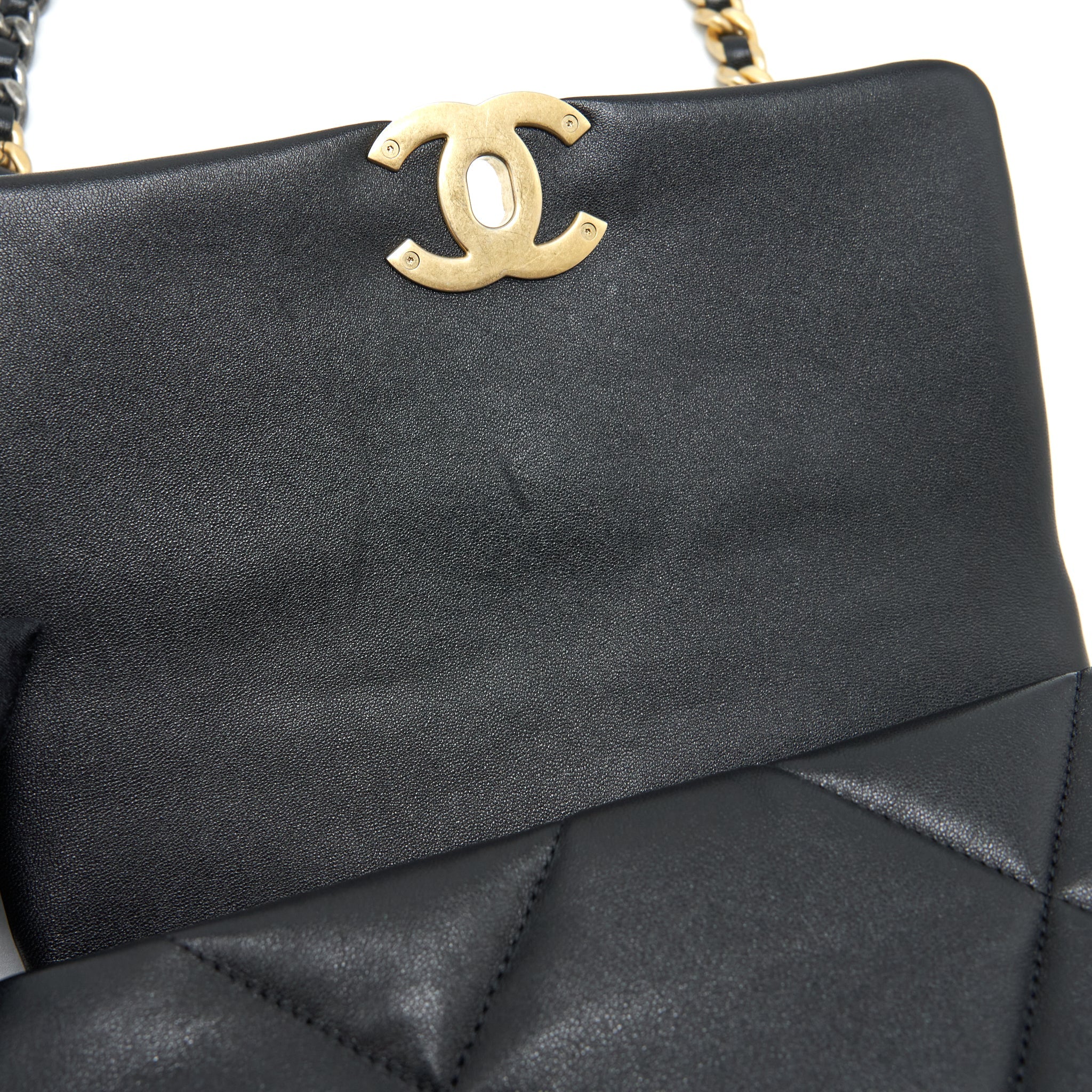 CHANEL SMALL 19 BAG LAMBSKIN BLACK WITH GOLD AND SILVER HARDWARE