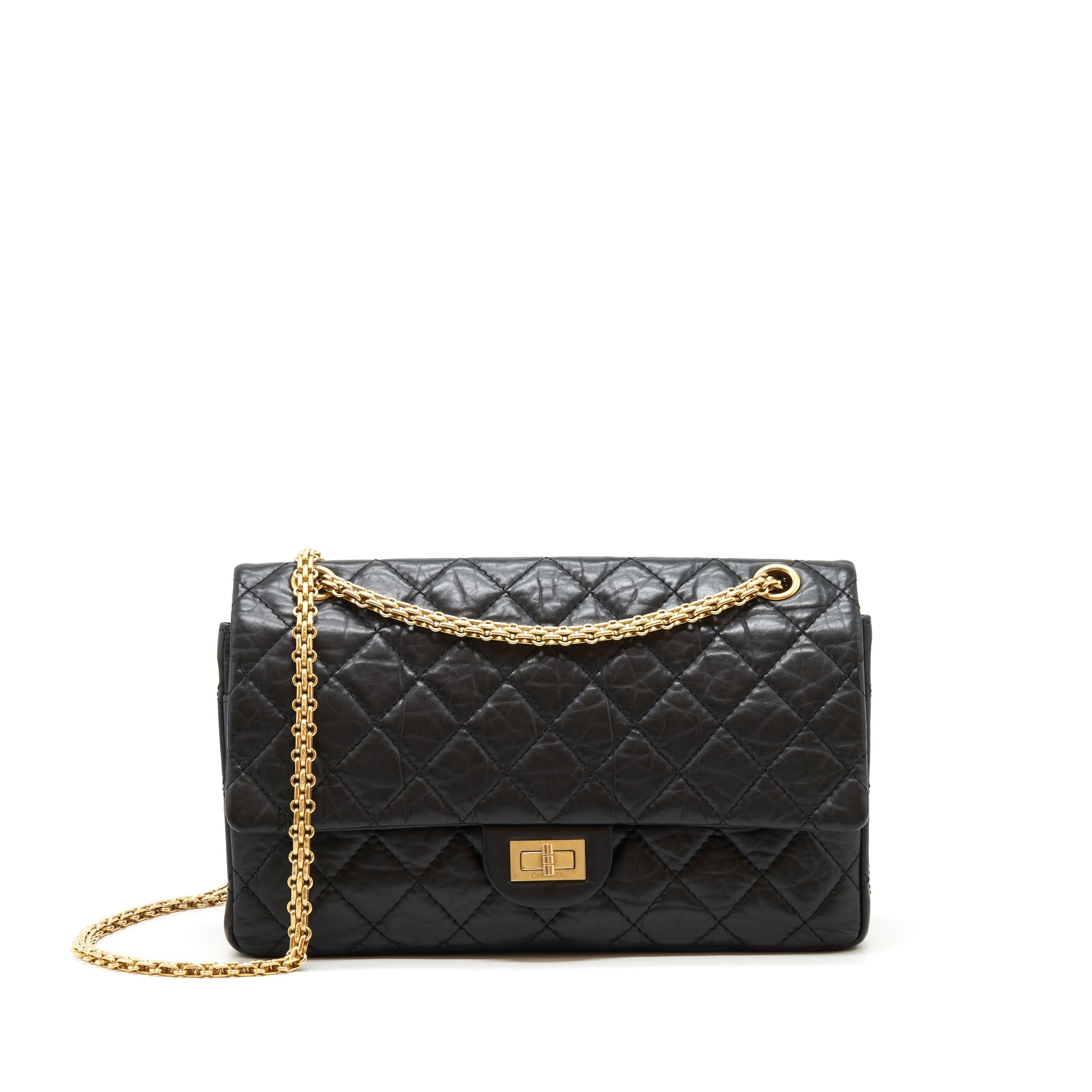 CHANEL 2.55 226 REISSUE DOUBLE FLAP BAG CALFSKIN BLACK GHW