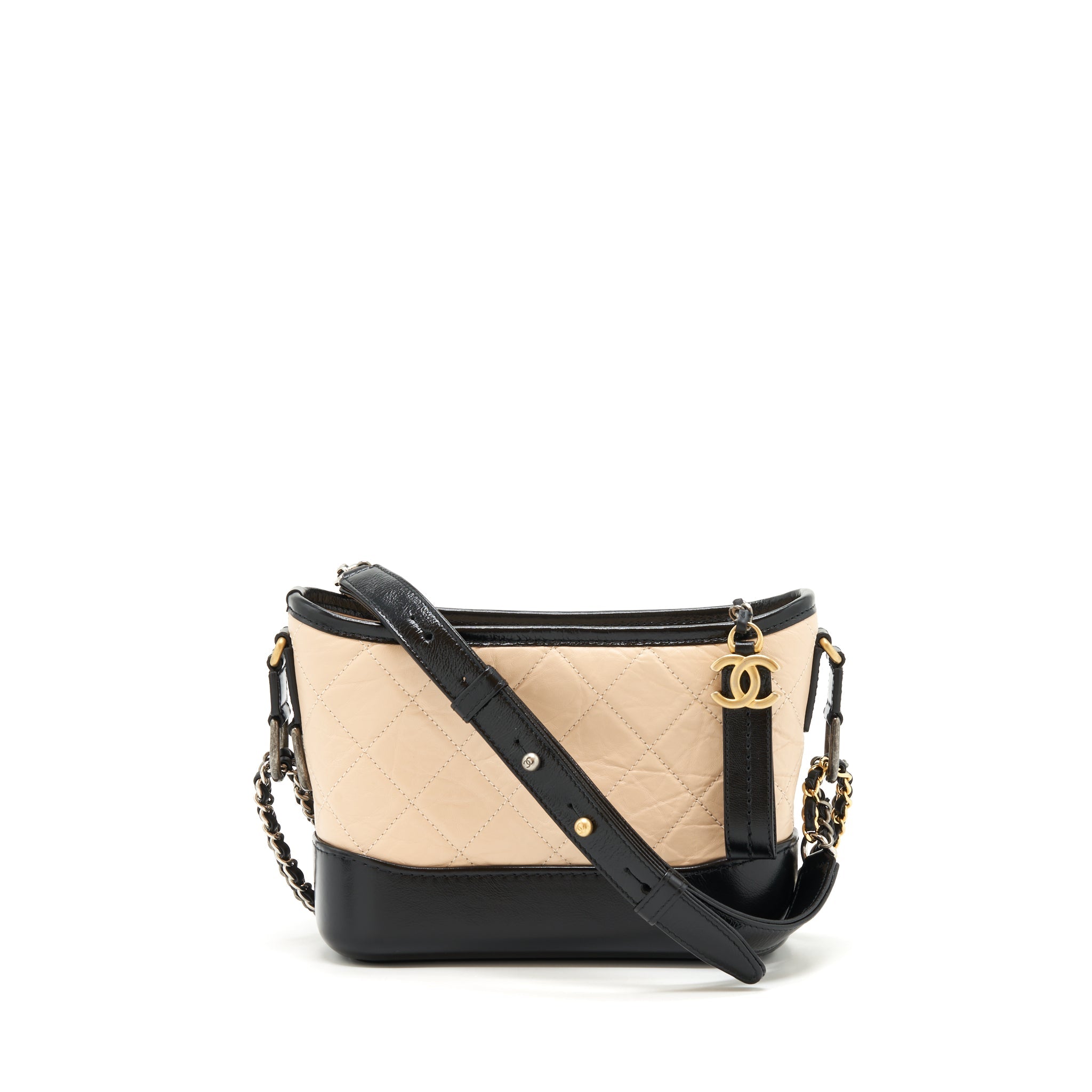 CHANEL SMALL GABRIELLE HOBO BAG CALFSKIN BEIGE/BLACK RUTHENIUM GOLD/SILVER HARDWARE