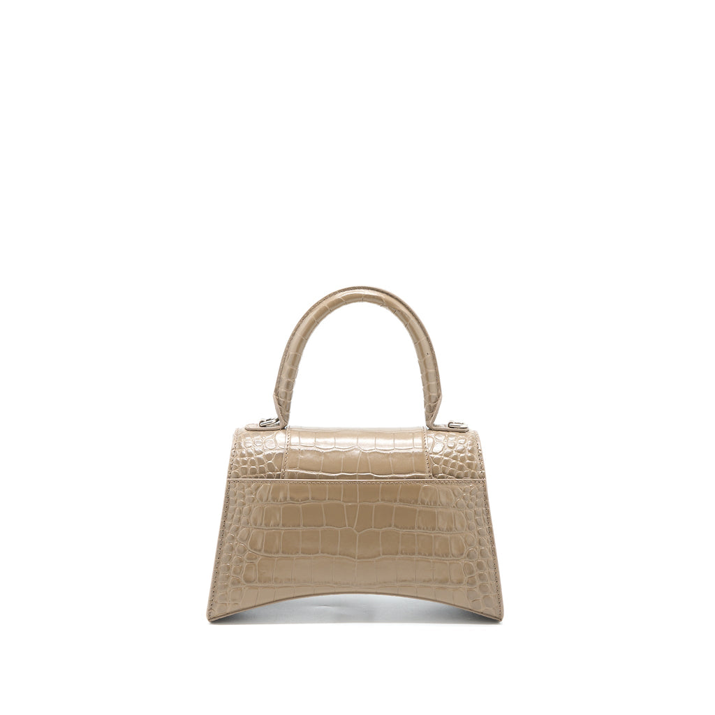 BALENCIAGA SMALL HOURGLASS BAG CRO EMBOSSED CALFSKIN DARK BEIGE SHW