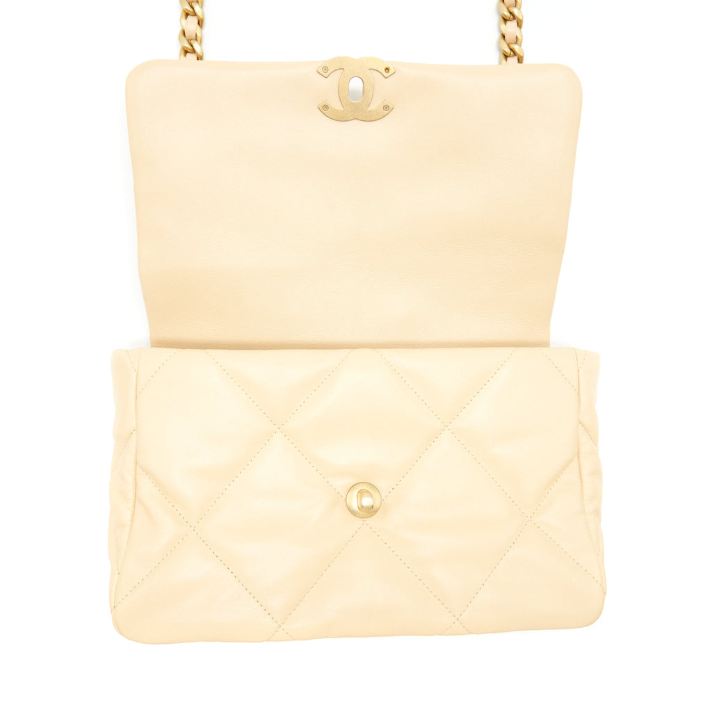 CHANEL MEDIUM 19 BAG GOATSKIN BEIGE WITH GOLD/SILVER HARDWARE