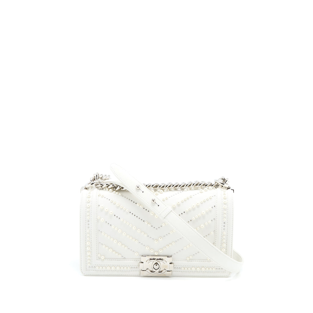 CHANEL MEDIUM BOY BAG CHEVRON LIMITED LAMBSKIN WITH PEARL WHITE SHW