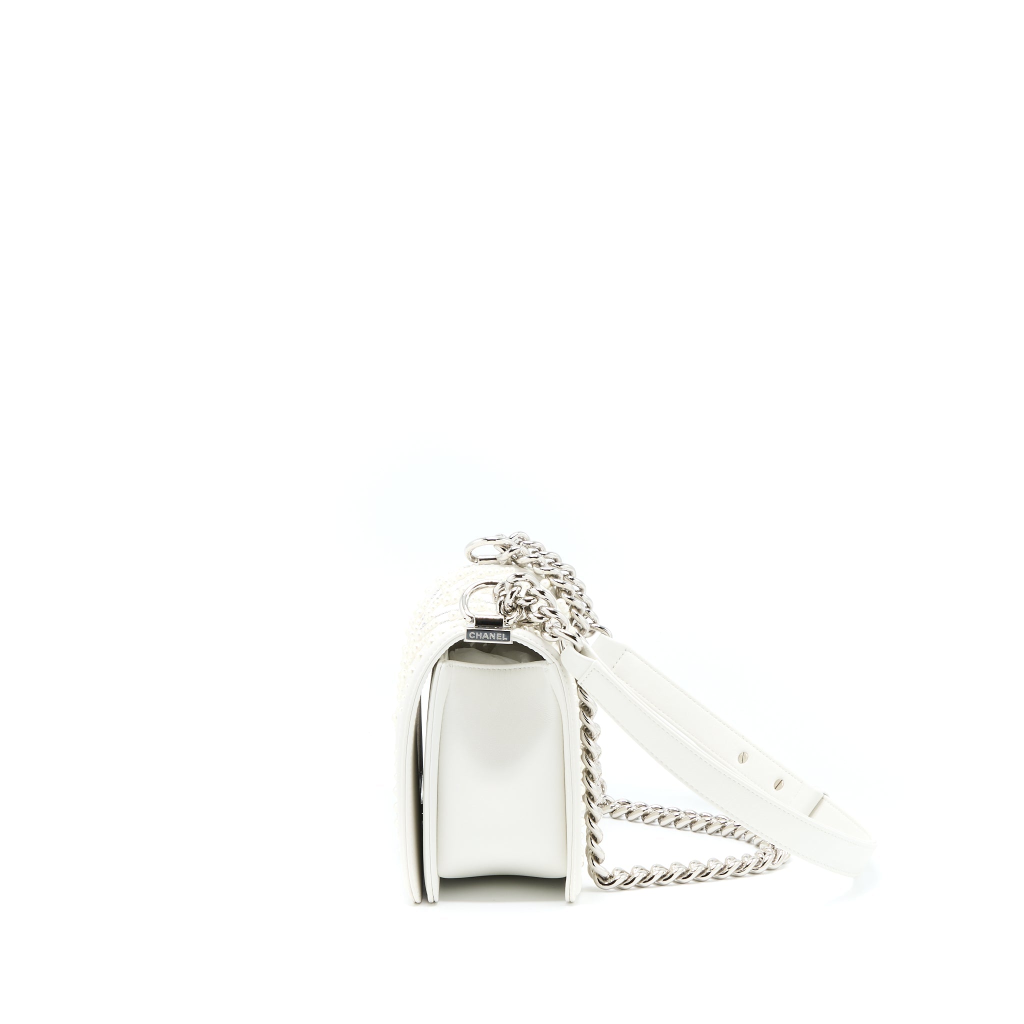 CHANEL MEDIUM BOY BAG CHEVRON LIMITED LAMBSKIN WITH PEARL WHITE SHW