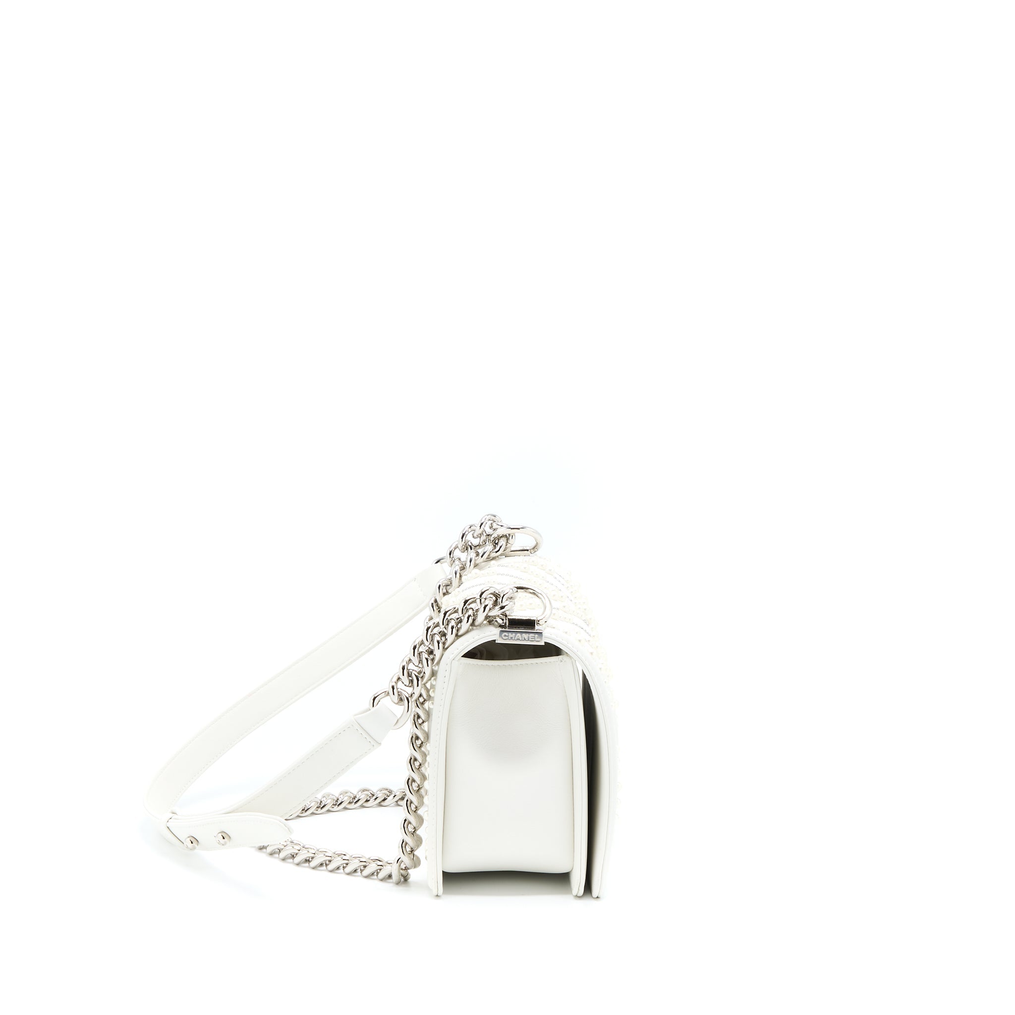 CHANEL MEDIUM BOY BAG CHEVRON LIMITED LAMBSKIN WITH PEARL WHITE SHW