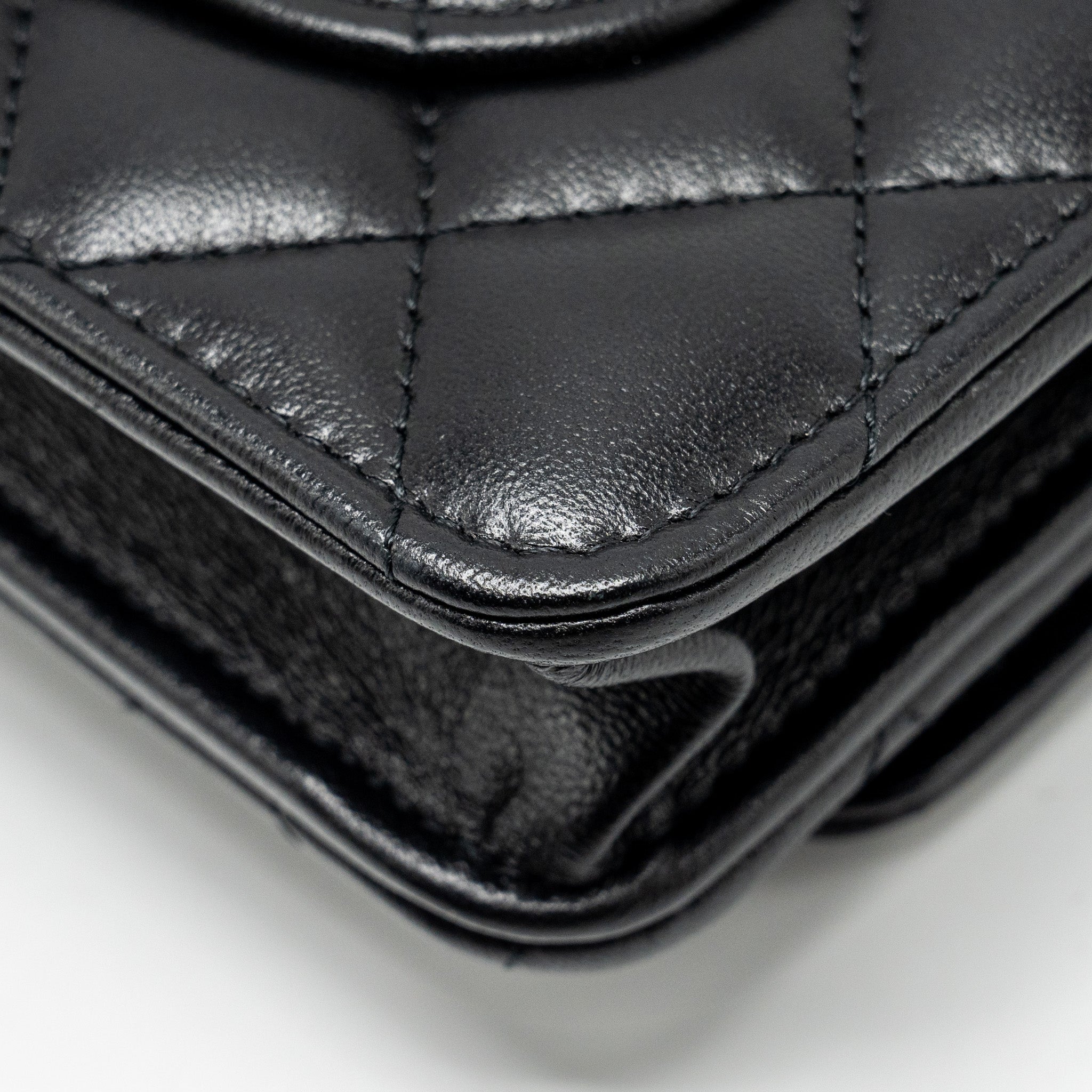 CHANEL LETTER LOGO TOP HANDLE WALLET ON CHAIN LAMBSKIN BLACK GHW (MICROCHIP)