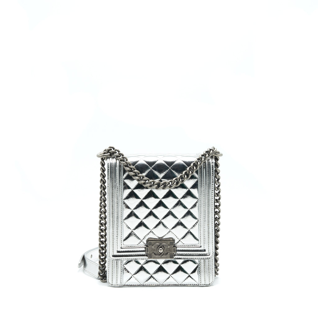 CHANEL VERTICAL METALLIC BOY BAG SILVER RUTHENIUM HARDWARE