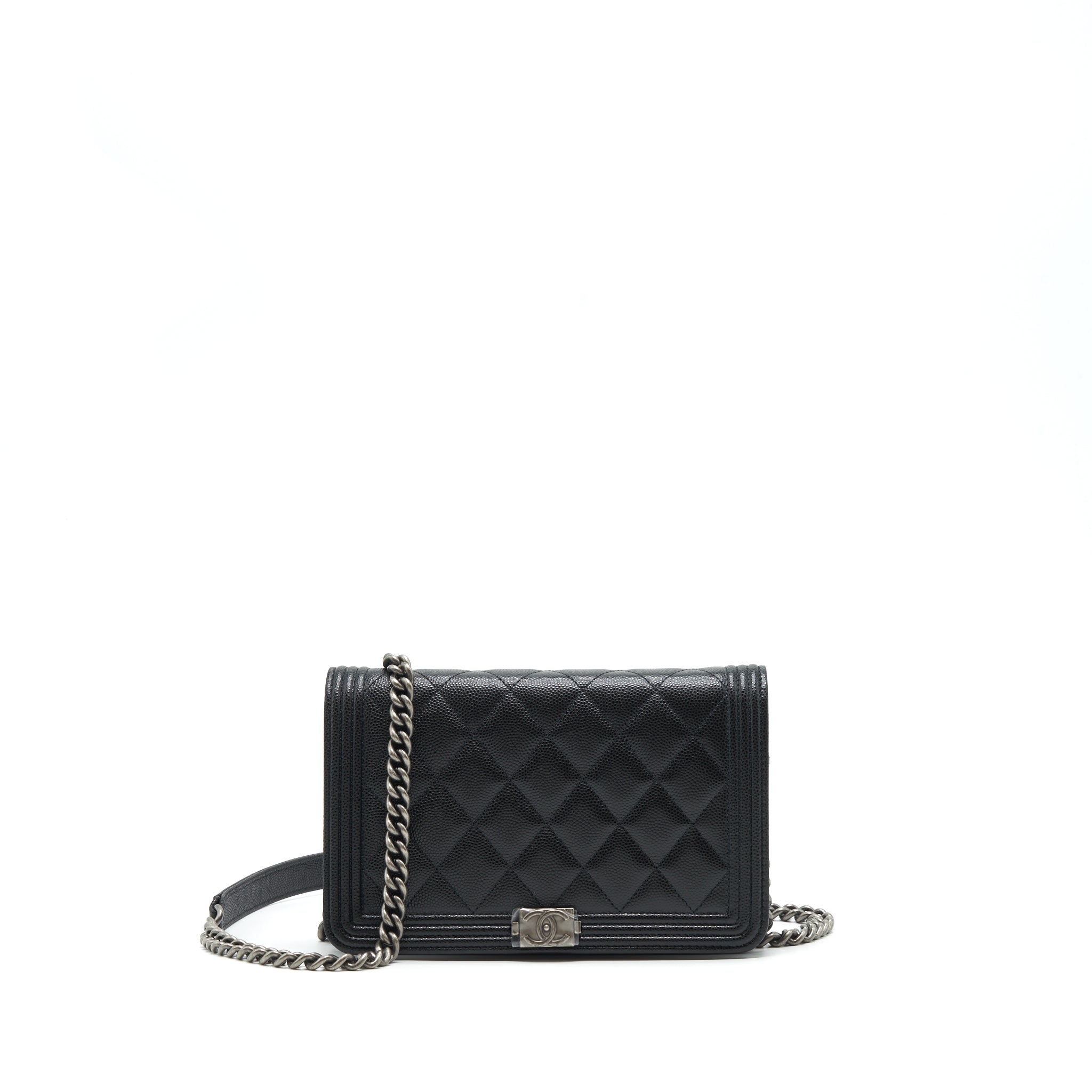 CHANEL BOY WALLET ON CHAIN CAVIAR BLACK RUTHENIUM SLIVER HARDWARE (MICROCHIP）