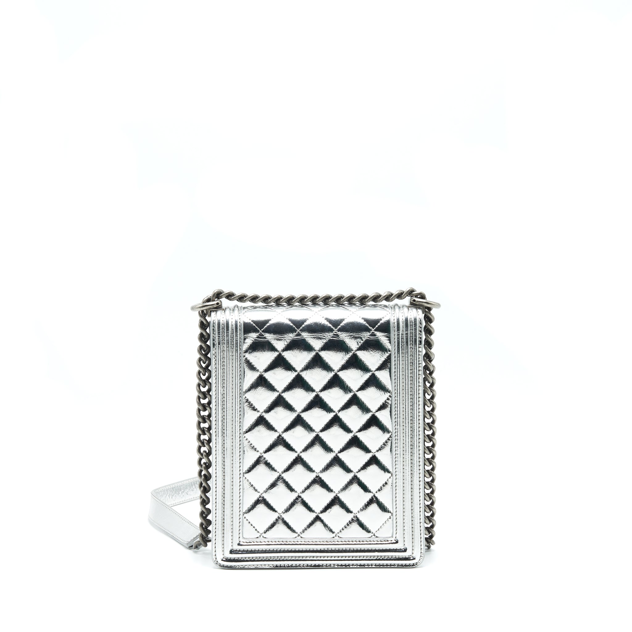 CHANEL VERTICAL METALLIC BOY BAG SILVER RUTHENIUM HARDWARE