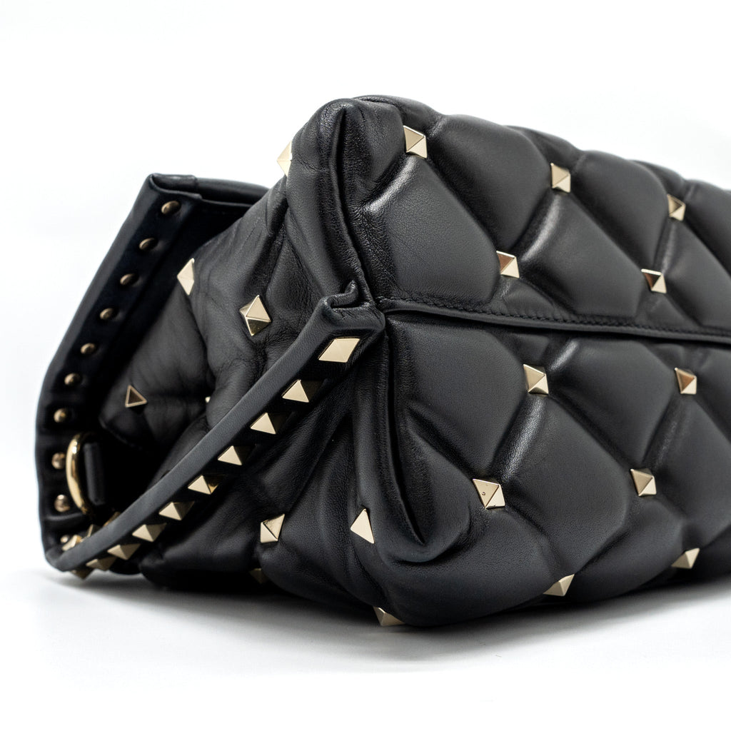 VALENTINO TOP HANDLE QUILTED CANDYSTUD FLAP BAG LAMBSKIN BLACK LGHW