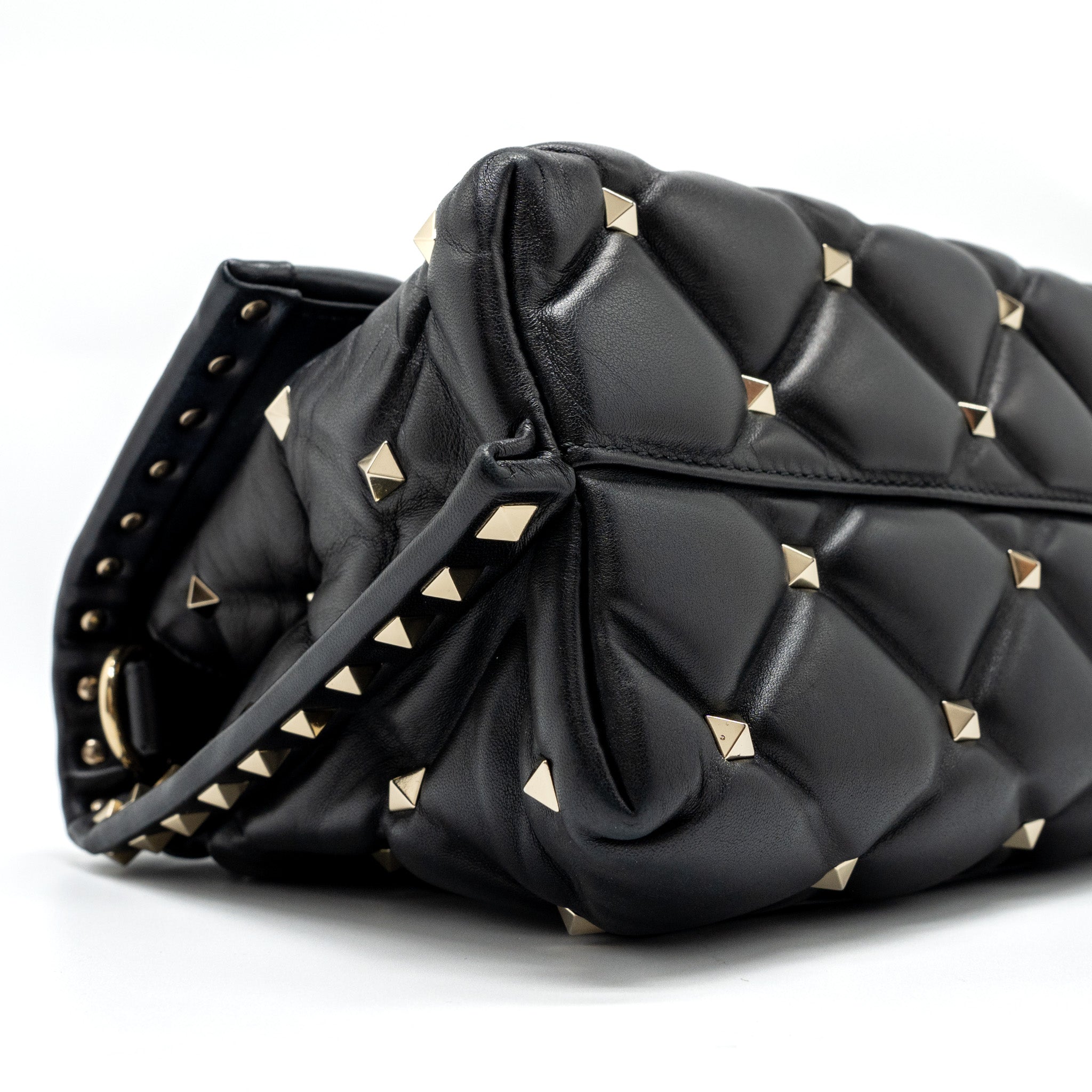 VALENTINO TOP HANDLE QUILTED CANDYSTUD FLAP BAG LAMBSKIN BLACK LGHW