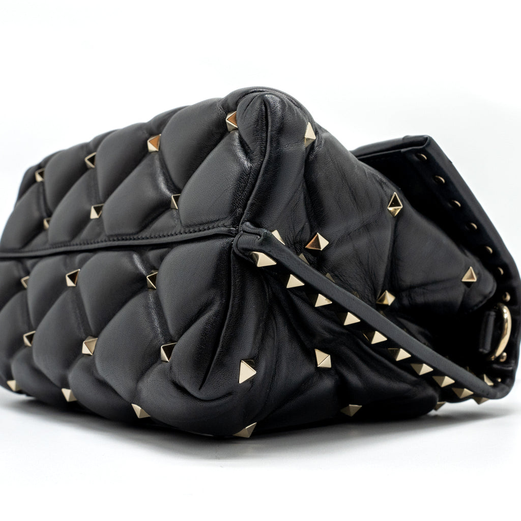 VALENTINO TOP HANDLE QUILTED CANDYSTUD FLAP BAG LAMBSKIN BLACK LGHW