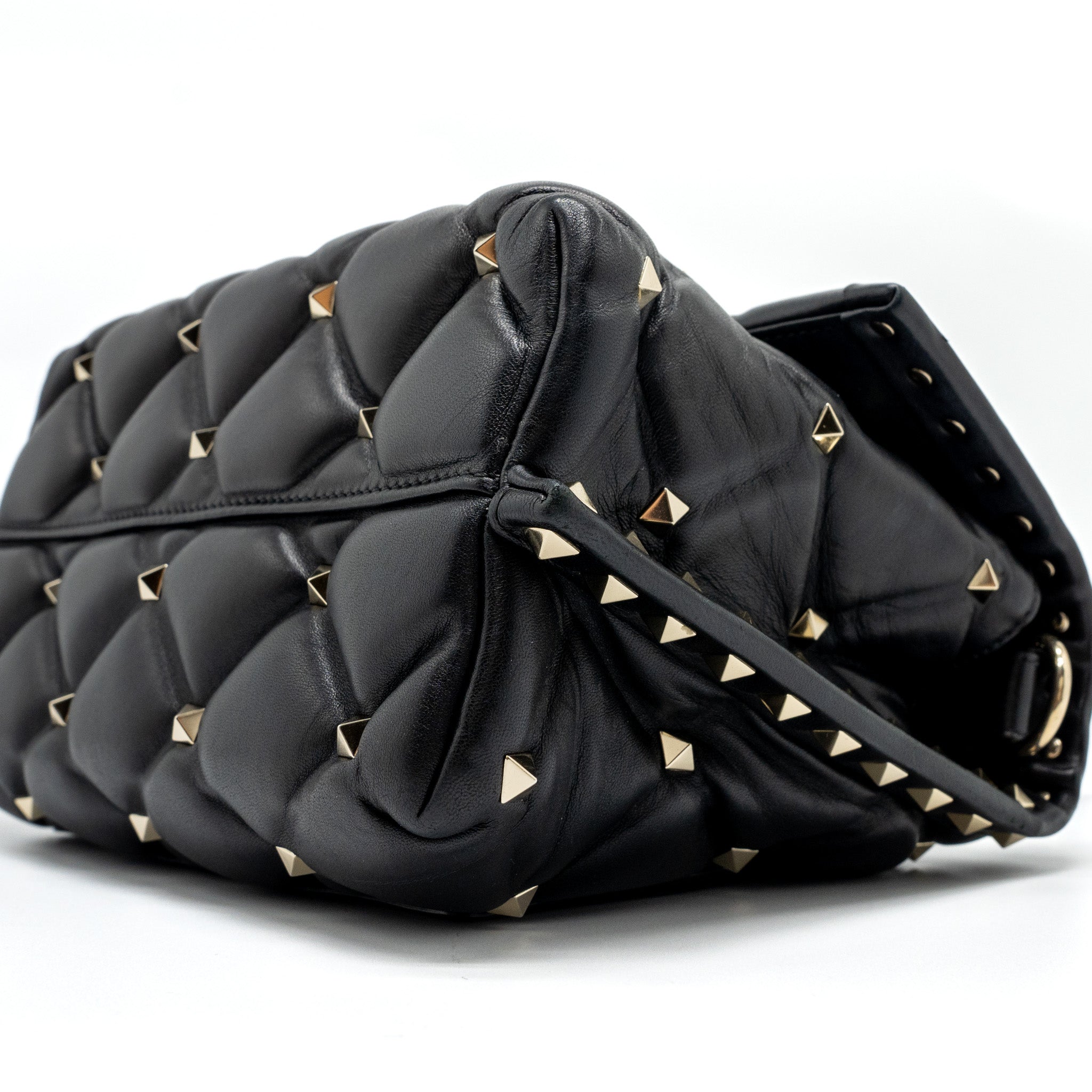 VALENTINO TOP HANDLE QUILTED CANDYSTUD FLAP BAG LAMBSKIN BLACK LGHW