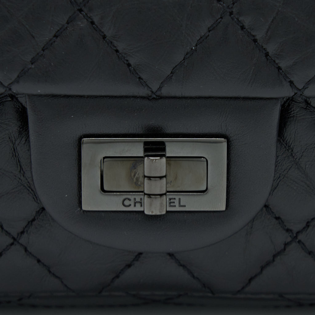 CHANEL SMALL 2.55 REISSUE FLAP BAG AGED CALFSKIN SO BLACK WITH BLACK HARDWARE (MICROCHIP)